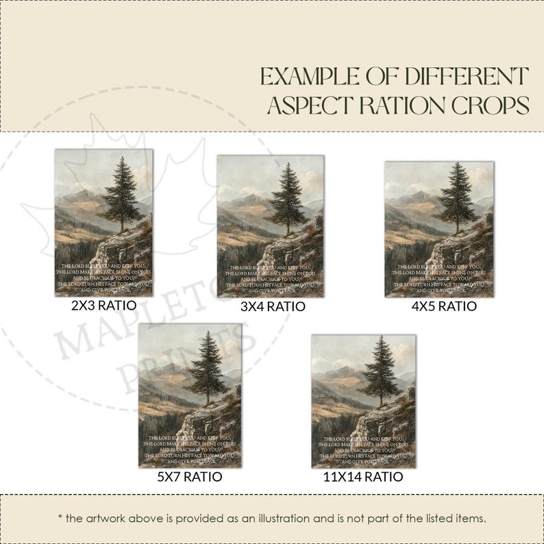 May include: Example of different aspect ratio crops for images. The image shows a landscape scene with a pine tree on a cliff. The text in the image reads: "The Lord bless you and keep you; the Lord make his face shine on you and be gracious to you; the Lord turn his face toward you and give you peace."
