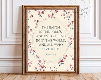 Psalm 24 1 Print, Printable Vintage Bible Verse Wall Art, Digital Download
