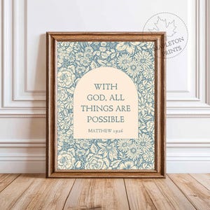 Matthew 19:26 Bible Verse Print, Printable Scripture Wall Art, Floral Christian Poster, Digital Download