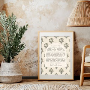 May include: A printable quote by Ralph Waldo Emerson on a cream background with a gray floral pattern. The quote reads, "To laugh often and much, to win the respect of intelligent people and the affection of children... to have succeeded."