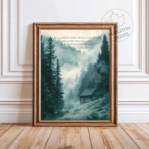 Christian Wall Art, Be Content Hebrews 13:5, Vintage Bible Verse Wall Art, Scripture Landscape Art, Calming Bible Verse Print