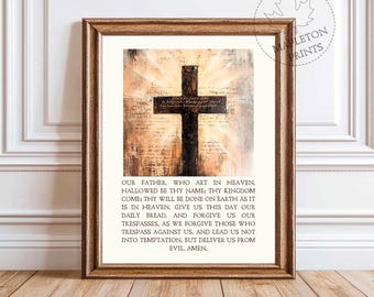 The Lord’s Prayer Print, Printable Christian Cross Wall Art, Scripture Poster, Digital Download