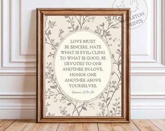 Romans 12:9-10 Bible Verse Print, Printable Scripture Wall Art, Christian Love Poster, Digital Download