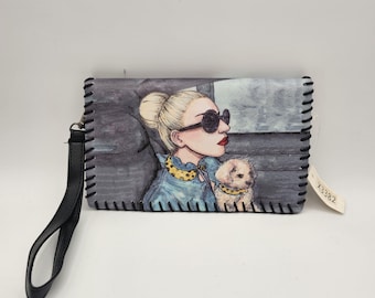 Wristlet Lady Gaga with a dog and signature black stitching
