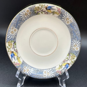 Royal Limoges France Jean Puoyat Saucer Blue Border with Flowers and Birds POY50