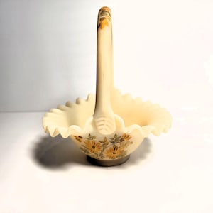 Fenton Daisies on Satin Custard Basket Uranium Fluorescent Vintage Signed McGee