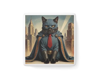 1950s Superhero Black Cat Porcelain Magnet, Vintage Comic Book Hero Fridge Magnet, Mid Century Retro futuristic Cat Art Decor, Small Gift