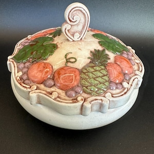 Trinket Dish Candy Bowl with Lid Hand Painted Pineapples, Grapes Vintage Ceramic