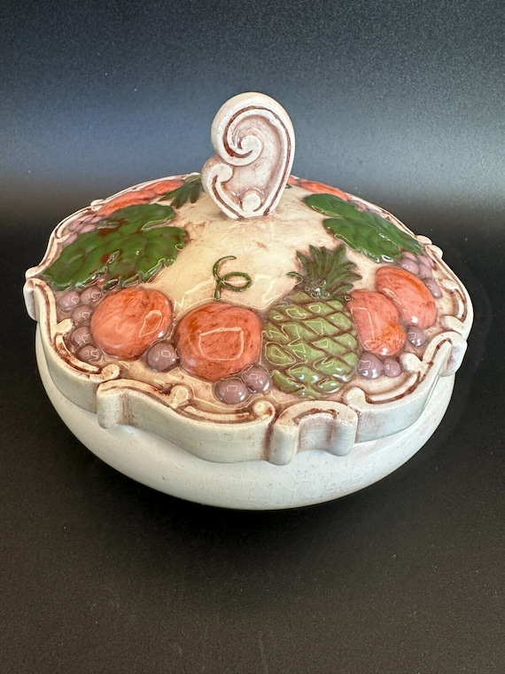 Trinket Dish Candy Bowl with Lid Hand Painted Pine
