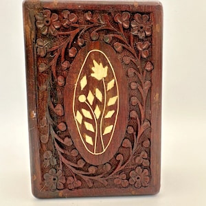 Hand Carved Hard Wood Trinket Jewelry Decorative Box with Inlay Vintage