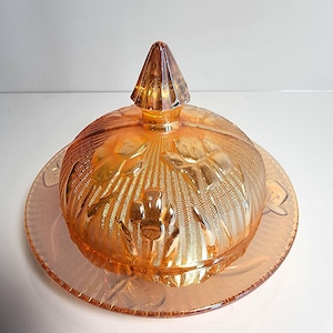 Covered Butter Dish Iris Iridescent Carnival Glass Peach by Jeanette Glass Vintage