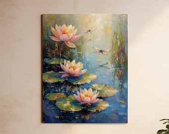 Water Lily and Dragonfly Canvas, Floral Oil Painting Home Decor, Beautiful Wall Art, Monet Impressionist, Housewarming Gift Idea
