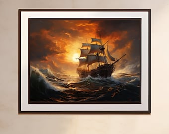 May include: A framed painting of a ship sailing on a stormy sea at sunset. The ship has white sails and is silhouetted against the orange and red sky. The waves are crashing around the ship, and the water is a dark blue.