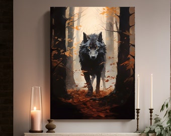 Wolf Canvas, Autumn Forest Print, Forest Wall Art, Autumn Leaves, Gothic Home Decor, Wolf Oil Painting, Gothic Gift For, Dark Academia