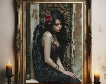 Gothic Angel Print, Dark Elegant Poster, Goth Art Oil Painting, Gift For A Goth, Dark Academia, Housewarming Gift, Gothic Wall Art