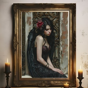 Gothic Angel Print, Dark Elegant Poster, Goth Art Oil Painting, Gift For A Goth, Dark Academia, Housewarming Gift, Gothic Wall Art