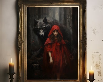 Little Red Riding Hood, Big Bad Wolf Poster, Fairy Tale Wall Art, Brothers Grimm, Vintage Art Print, Oil Painting Print, Gift Idea For