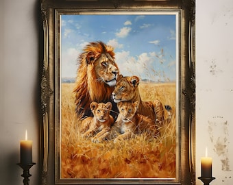 Arte de la pared del león y la leona, impresión de la familia del león, cartel del cachorro de león, orgullo de los leones, regalo para la familia, pintura al óleo del león, impresión animal,