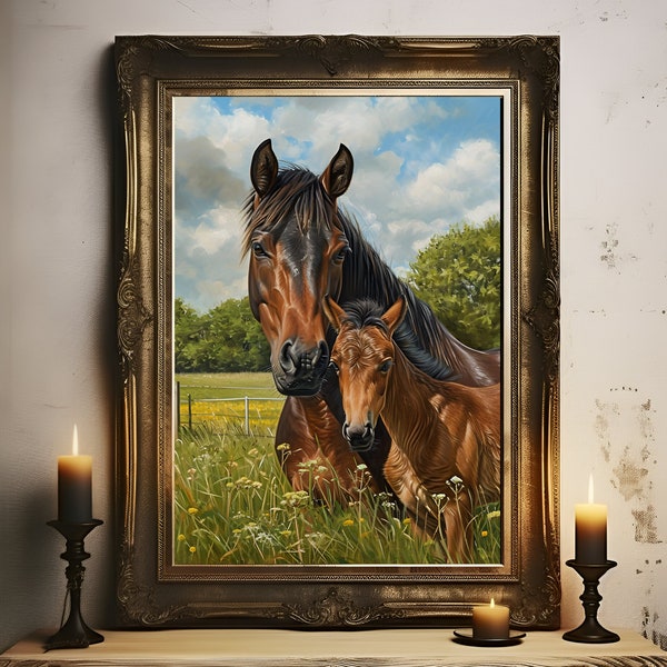 Bay Horse Art, Bay Horse Painting, Horse Pictures Wall Art, Gift For Horse Lovers, Housewarming Gift, Horse Poster, Mare with Foal