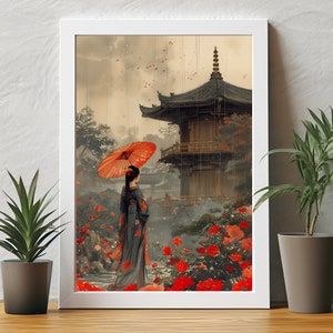 May include: A woman in a traditional Japanese kimono walks through a garden with a red umbrella. The garden is filled with red flowers and a pagoda in the background. The scene is painted in a soft, watercolour style.