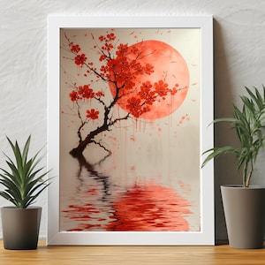 桜のアート絵画、花のプリント、日本の壁アート、赤い花のポスター、アジアの家の装飾、春、新築祝いのギフトのアイデア