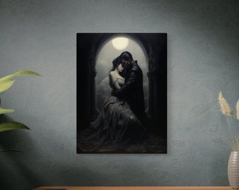 Amor lunar, arte romántico gótico, impresión de lienzo de arte, decoración gótica del hogar, romance gótico, impresión de arte de parejas, lienzo de arte oscuro, academia oscura