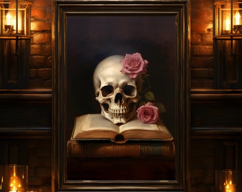 Stampa di teschio gotico, poster scuro ed elegante, decorazione d'arte da parete, stampa d'arte gotica, Accademia oscura, stampa di poster d'arte, pittura a olio, idea regalo per Goth