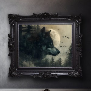 Wolf Kunstdruck, Wald Wanddekor, Mondschein Poster, Gothic Wohnkultur, Wolf Ölgemälde Druck, rustikale Geschenkidee, Wolf Wandkunst