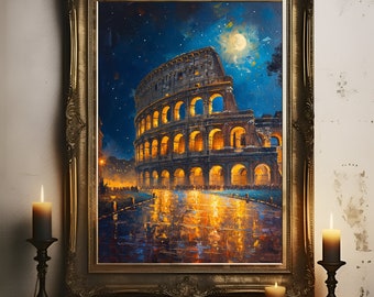 Colosseum olieverfschilderij print, Rome om middernacht poster, romantische Italië foto, cadeau idee voor reizen, Europese stad monument, Inwijdingsfeest