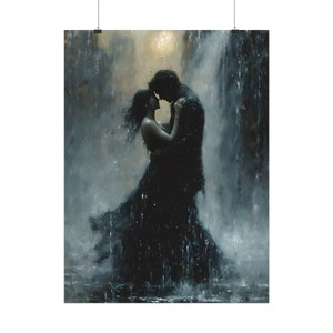 May include: A painting of a couple embracing in the rain. The couple is silhouetted against a dark background, with the rain falling around them. The painting is done in a romantic style, with soft colors and a dreamy atmosphere.