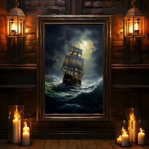 Sailing Ship in a Storm, Ship Oil Painting Print, Art Poster Print, Vintage poster, Home Decor, Seascape painting image 1