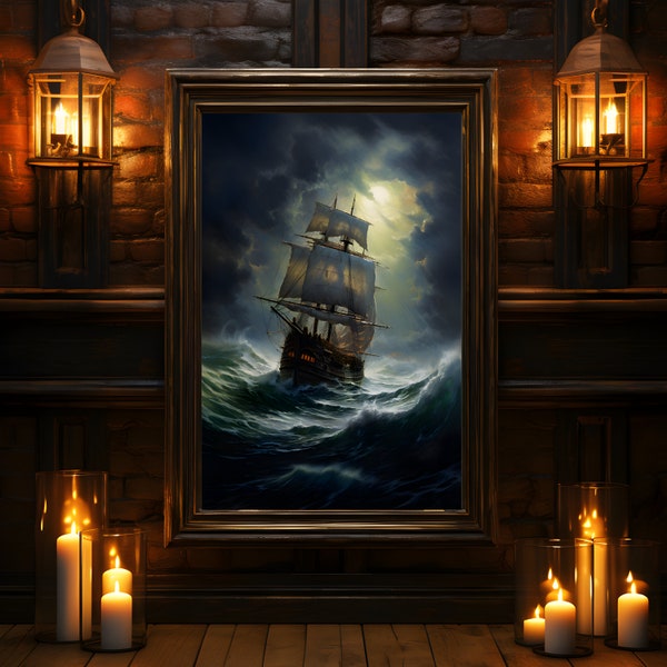 Sailing Ship in a Storm, Ship Oil Painting Print, Art Poster Print, Vintage poster, Home Decor, Seascape painting