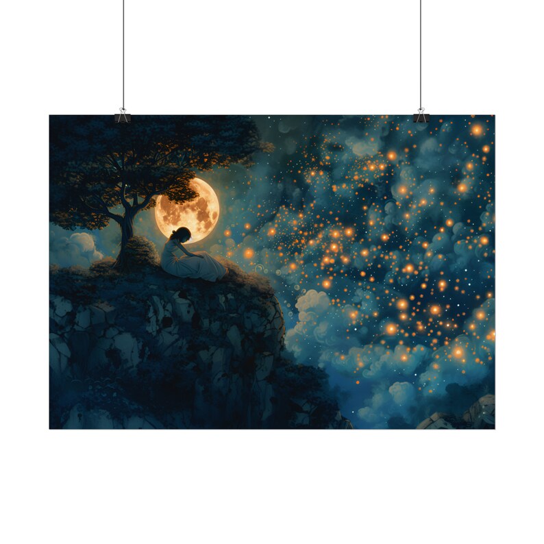 Celestial Starry Sky Poster, Enchanting Fantasy Landscape, Ethereal Painting, Moon and Stars Wall Art, Gift for Children's Bedroom image 6