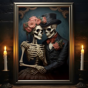 Skeleton Wedding, Day Of The Dead Couple, Halloween Bride and Groom, Gothic Art Print, Til Death Do Us Part, Skull Poster