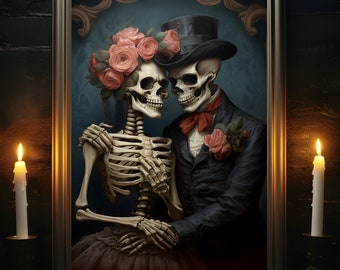 Skeleton Wedding, Day Of The Dead Couple, Halloween Bride and Groom, Gothic Art Print, Til Death Do Us Part, Skull Poster