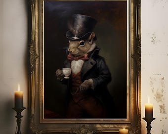 Cute Squirrel Painting, Victorian Animal Portrait, Gothic Home Decor, Quirky Animal Wall Art, Gift for Animal Lover, Housewarming Gift