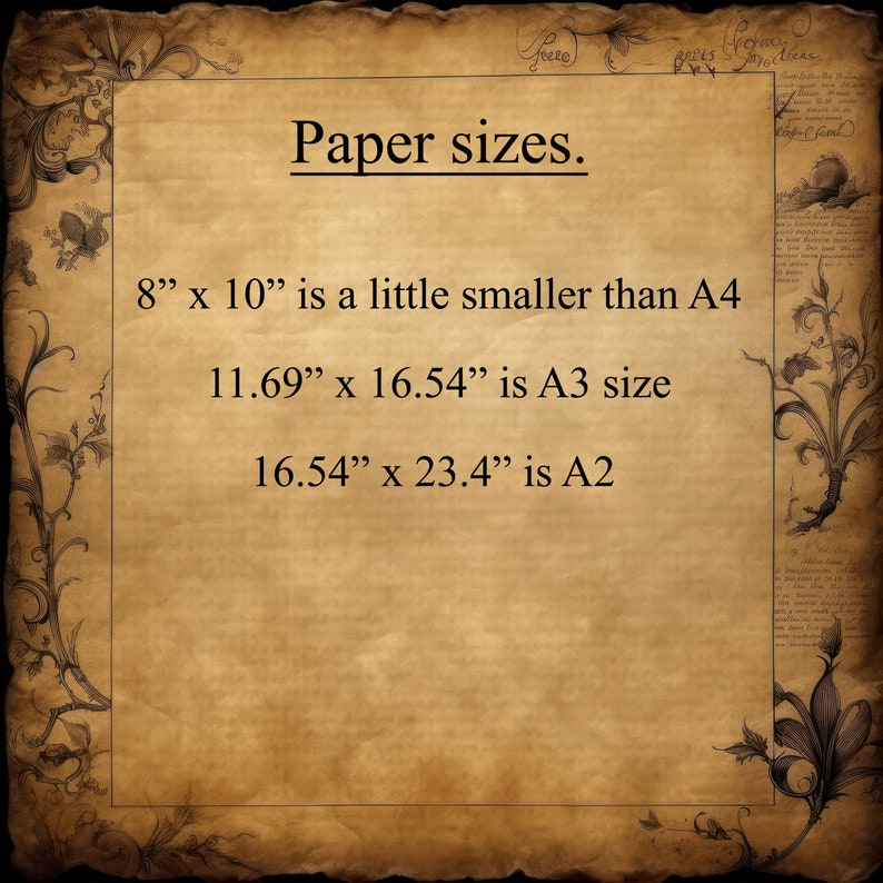 May include: A vintage-style image with a brown background and ornate floral borders. The text reads "Paper sizes." and lists the dimensions of different paper sizes in inches: 8" x 10", 11.69" x 16.54", and 16.54" x 23.4".