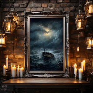 Through The Storm, Storm Poster, Lifeboat Painting, Gothic Storm, Seascape Wall Art, Gothic Home Decor, Dark Academia