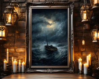 Through The Storm, Storm Poster, Lifeboat Painting, Gothic Storm, Seascape Wall Art, Gothic Home Decor, Dark Academia