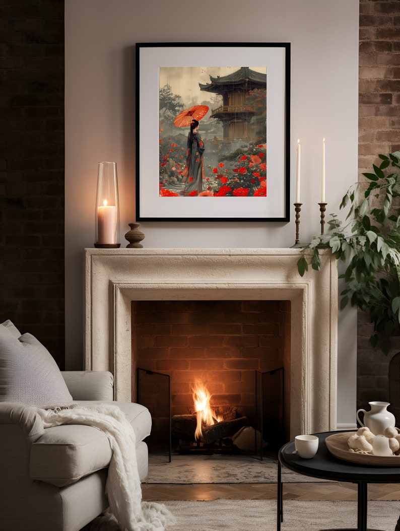 May include: A framed print depicting a woman in a traditional Japanese kimono walking through a garden with a red umbrella. The garden features a pagoda in the background and red flowers.