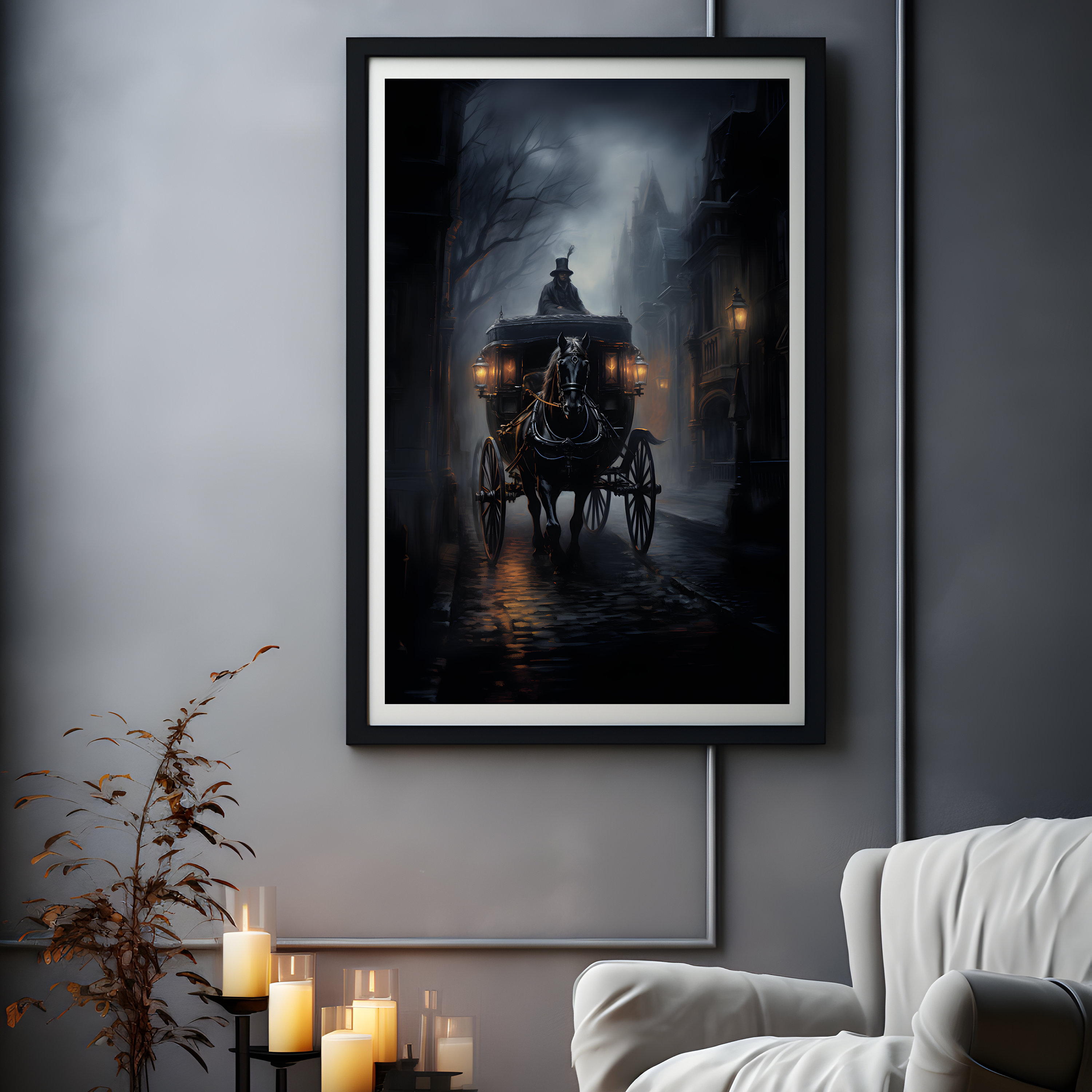 Horse Drawn Carriage, Victorian Carriage Print, Gothic Poster, Oil