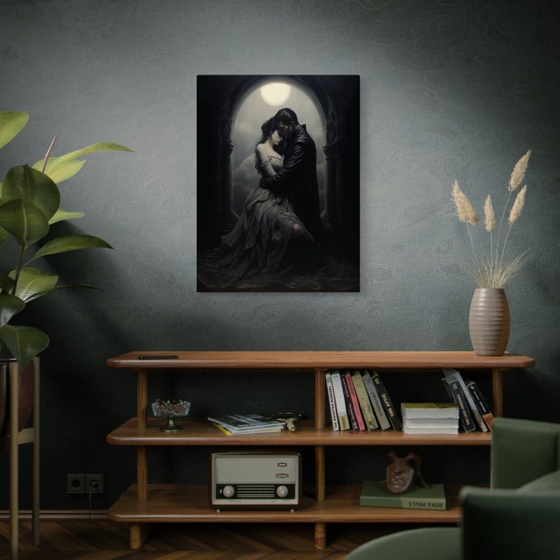 May include: A painting of a couple embracing under a full moon in a dark, gothic setting. The woman is wearing a long, flowing dress and the man is wearing a dark coat. The couple is standing in a doorway with a stone archway above them.