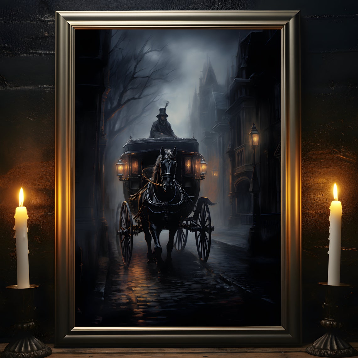 Horse Drawn Carriage, Victorian Carriage Print, Gothic Poster, Oil