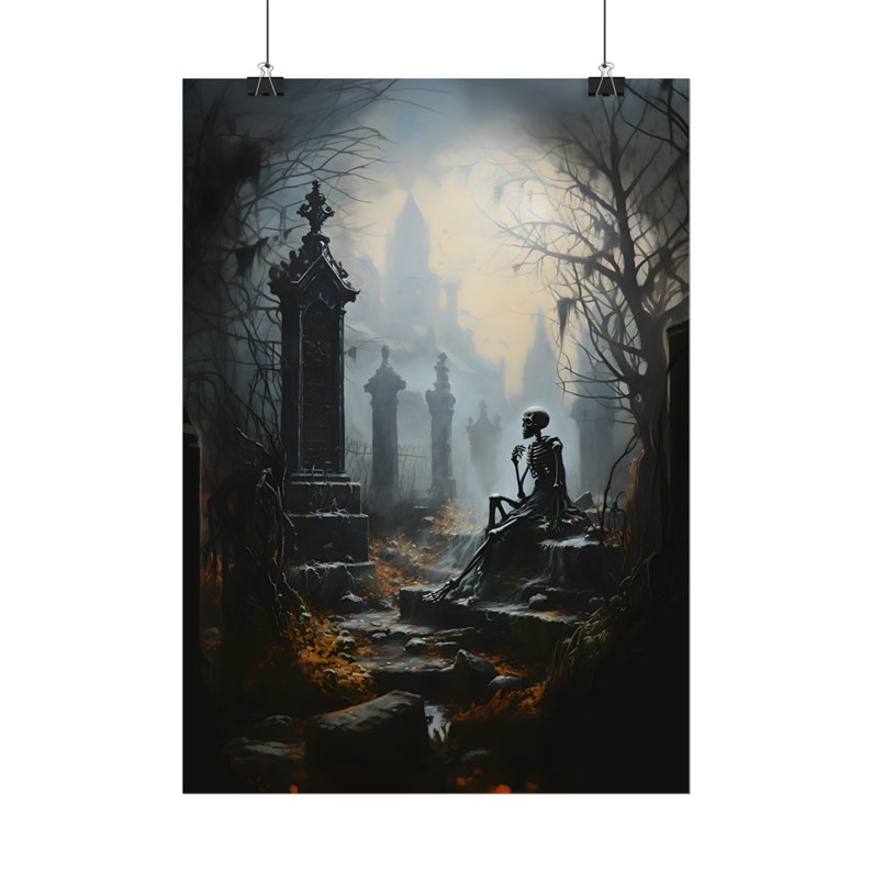 Pensamientos del hombre muerto, cartel de esqueleto, impresión del cementerio, arte de la pared del cementerio, romance gótico, decoración del hogar oscuro, academia oscura, regalo gótico imagen 3