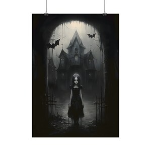 May include: A young girl in a black dress stands in front of a dark, gothic house with a large archway behind her. The house has a pointed roof and many windows. There are bats flying in the air around the house.