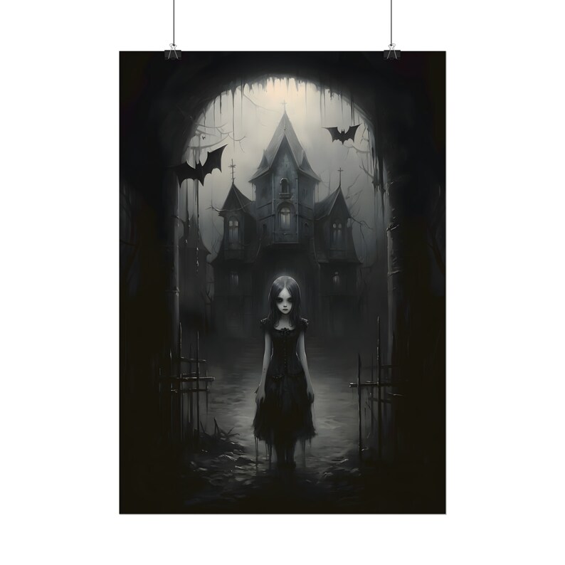 May include: A young girl in a black dress stands in front of a dark, gothic house with a large archway behind her. The house has a pointed roof and many windows. There are bats flying in the air around the house.
