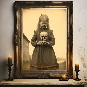 Vintage Creepy Photograph, Spooky Picture, Victorian Print, Little Girl With a Skull, Halloween Wall Decor, Dark Academia, Gothic Gift Idea