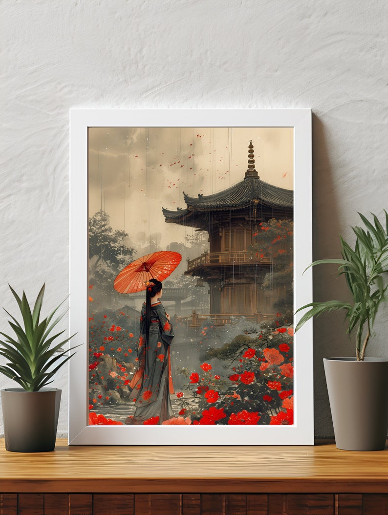 May include: A woman in a traditional Japanese kimono walks through a garden with a red umbrella. The garden is filled with red flowers and a pagoda in the background. The scene is painted in a soft, watercolour style.