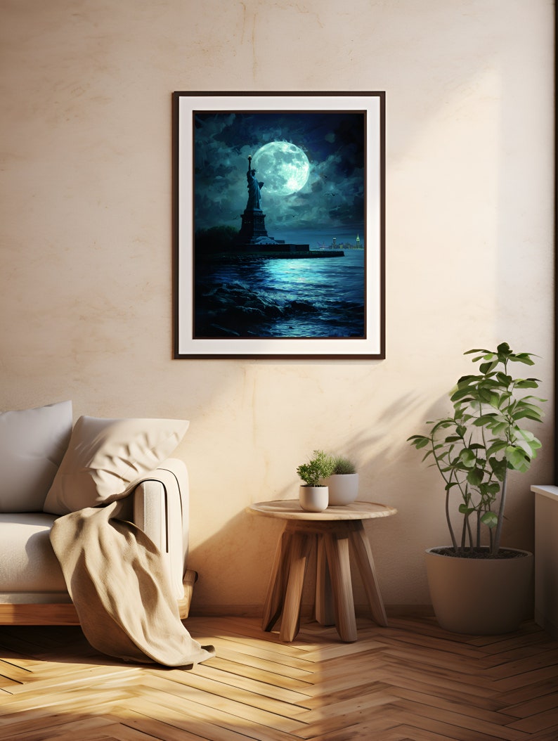 Op de afbeelding: Een ingelijste kunstdruk met het Vrijheidsbeeld onder een grote, stralende maan. Het kunstwerk gebruikt blauwe en zeegroene tinten, met het beeld als silhouet tegen de nachthemel. De print hangt aan een beige muur, naast een bank en een kleine houten tafel.