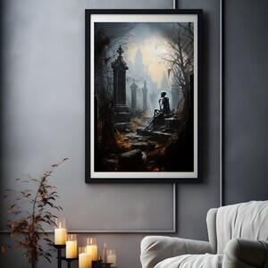 Pensamientos del hombre muerto, cartel de esqueleto, impresión del cementerio, arte de la pared del cementerio, romance gótico, decoración del hogar oscuro, academia oscura, regalo gótico imagen 2